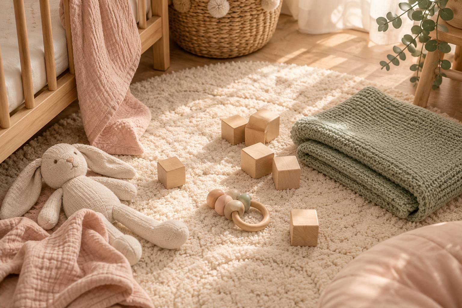 Cubes en bois unis, anneau de dentition et doudou dans une chambre de bebe