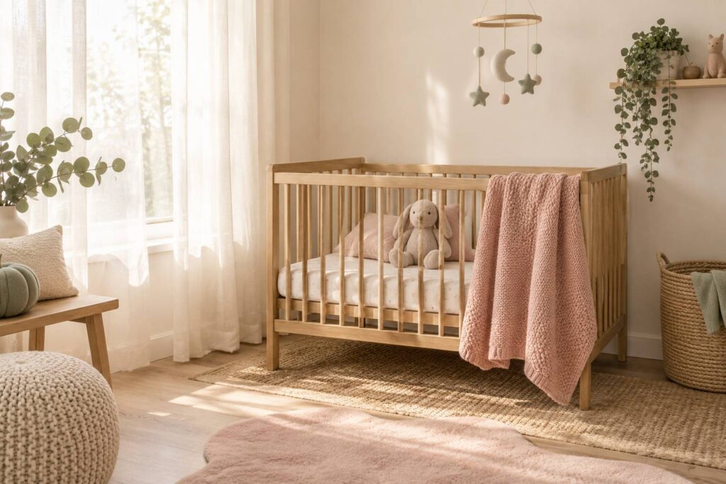 Coin de chambre de bébé apaisant avec berceau en bois clair et lumière douce