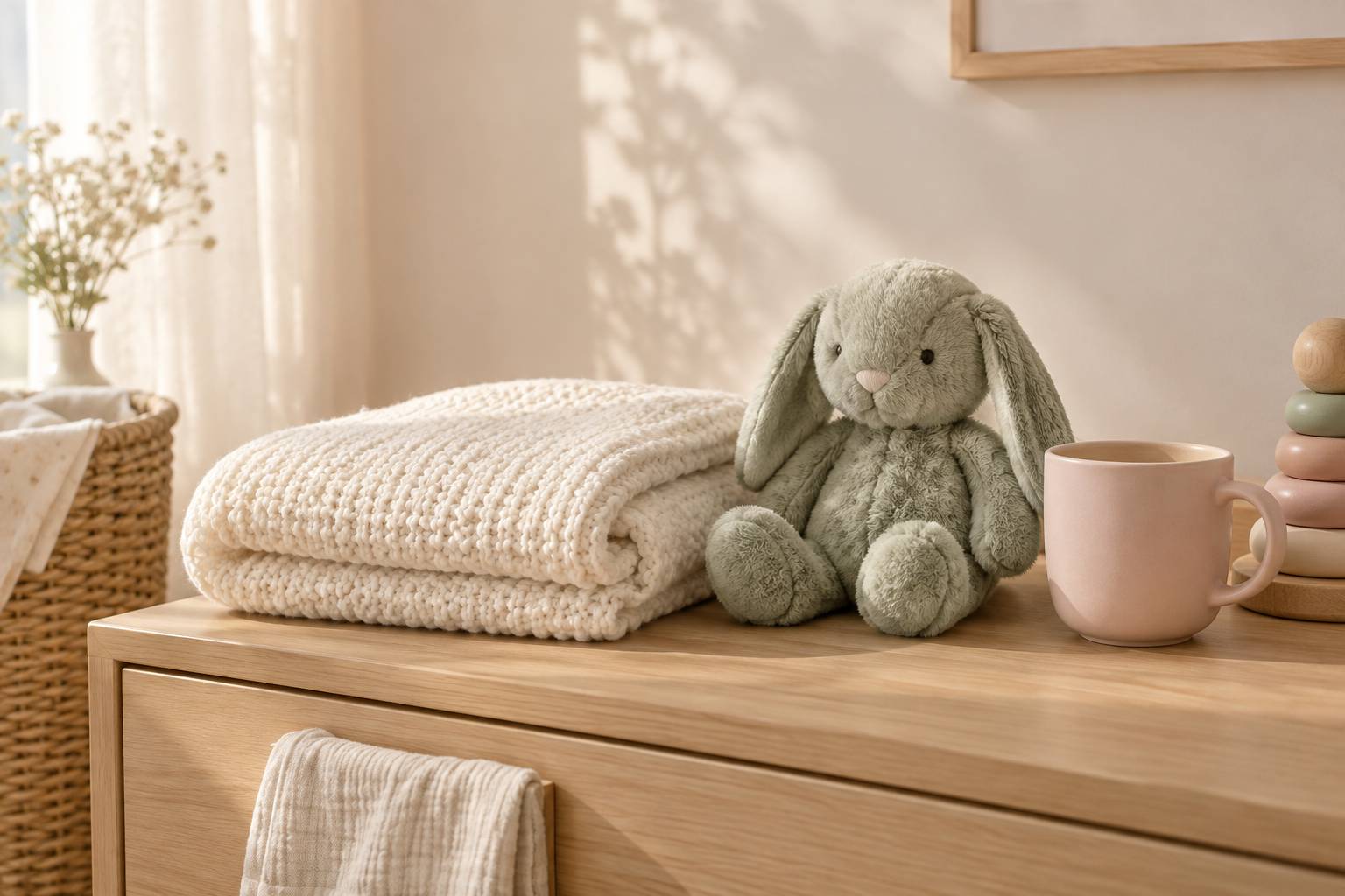 Objets de puériculture tendres : plaid tricoté, peluche et bois clair