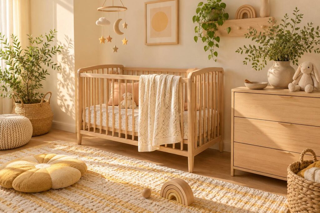 Berceau en bois clair, couverture crème et bâton de cannelle dans une chambre de bébé