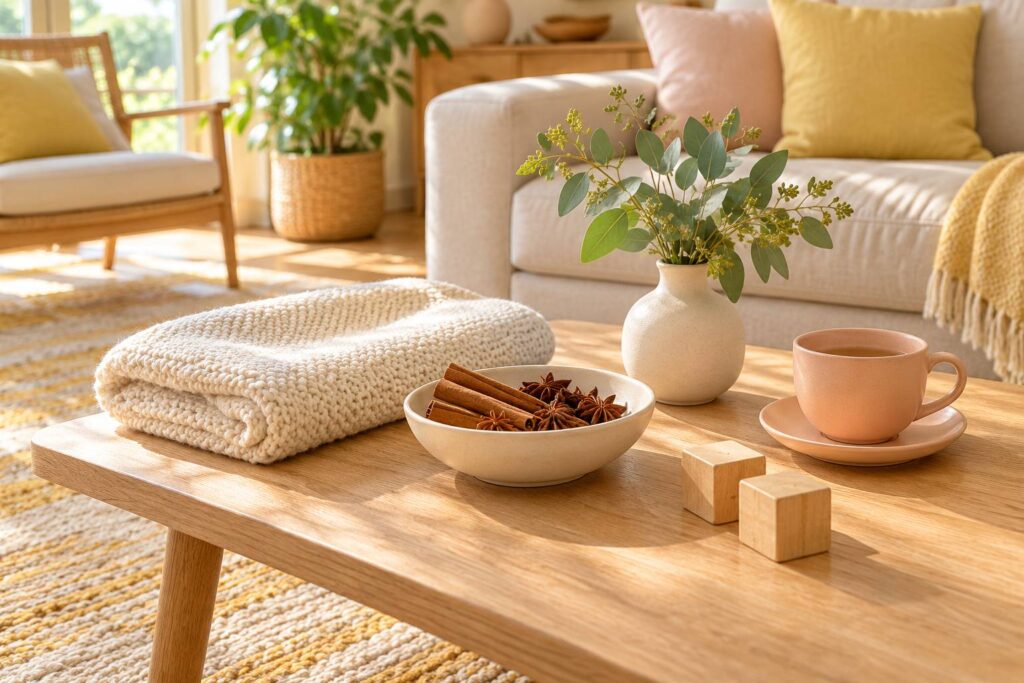 Bâtons de cannelle et badiane dans une coupelle, plaid crème sur une table en bois clair