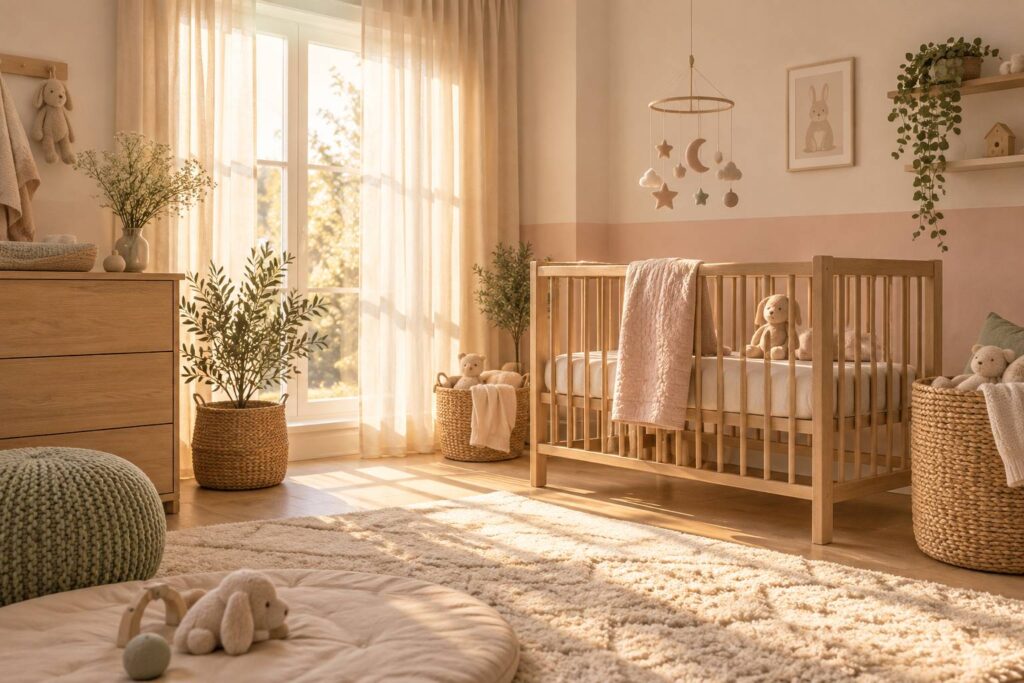 Chambre de bébé lumineuse au petit matin avec berceau et rayons de soleil