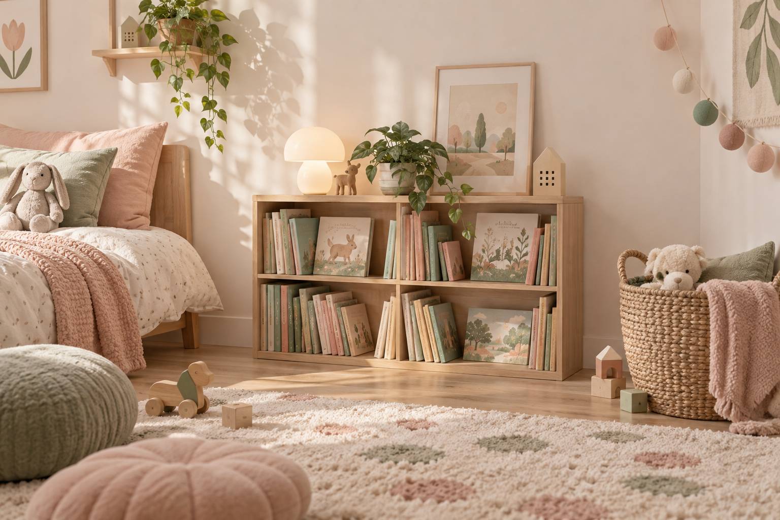 Coin de chambre d'enfant clair avec bibliothèque, veilleuse et panier en osier