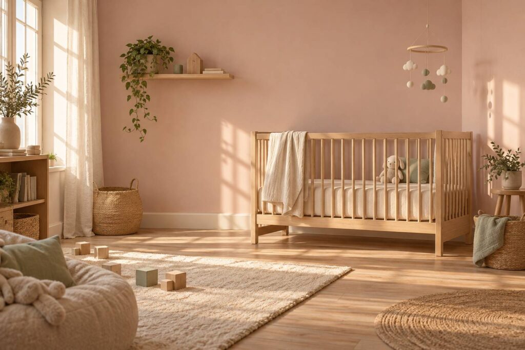Chambre de bebe douce avec berceau, cubes en bois et doudou