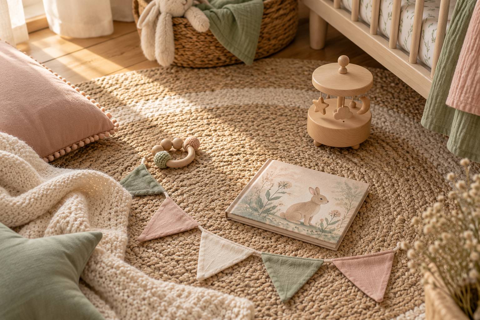 Coin de chambre avec fanions unis, boite a musique et tapis doux