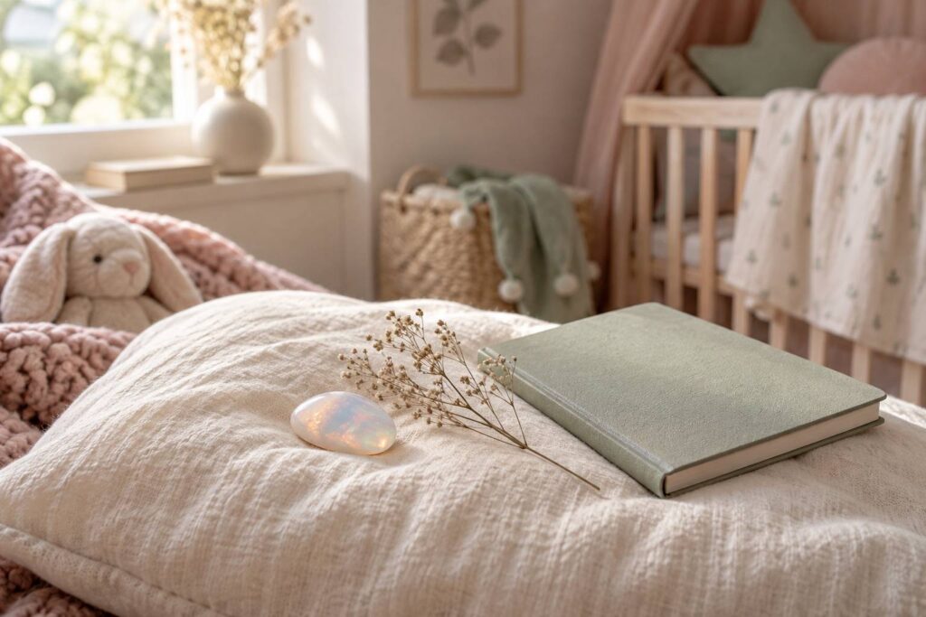 Pierre d'opale irisée sur un coussin de lin dans une chambre aux tons pastel