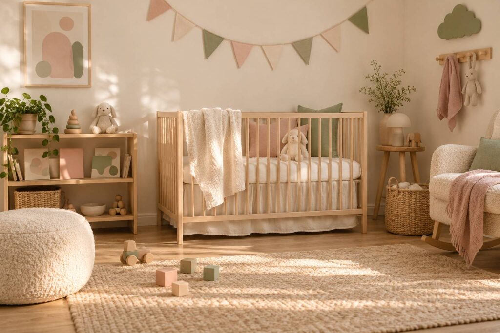 Berceau en bois et peluches neutres dans une chambre d'enfant