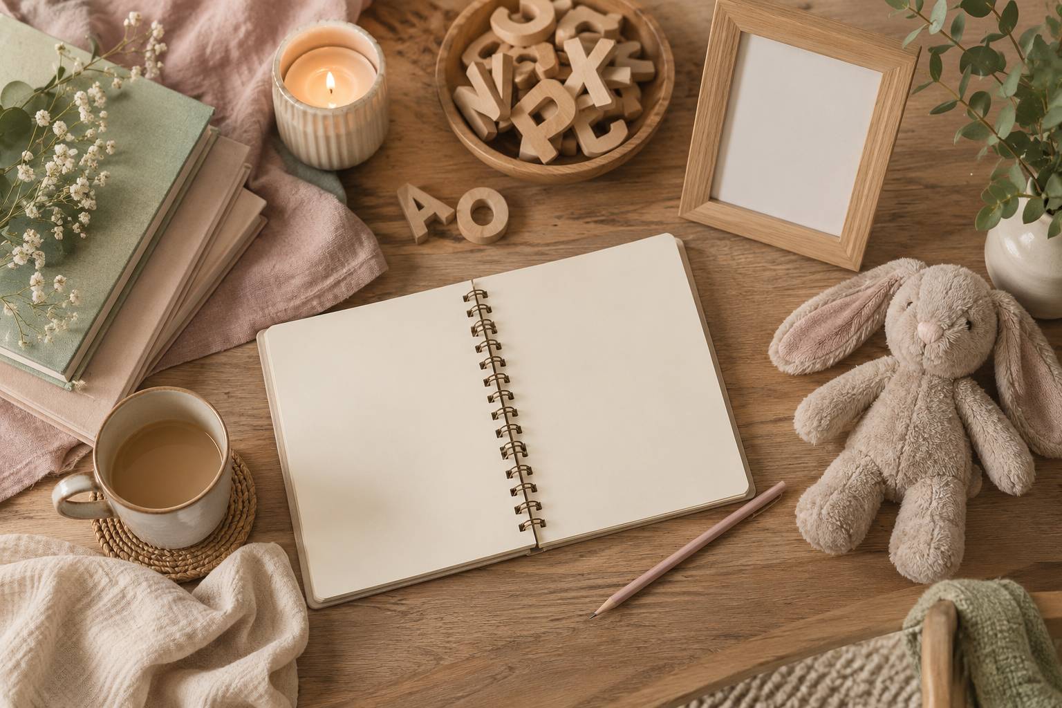 Lettres en bois et cadre vide sur une table douce