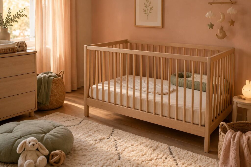 Chambre de bebe sobre avec lit ferme et reducteur range sur le cote