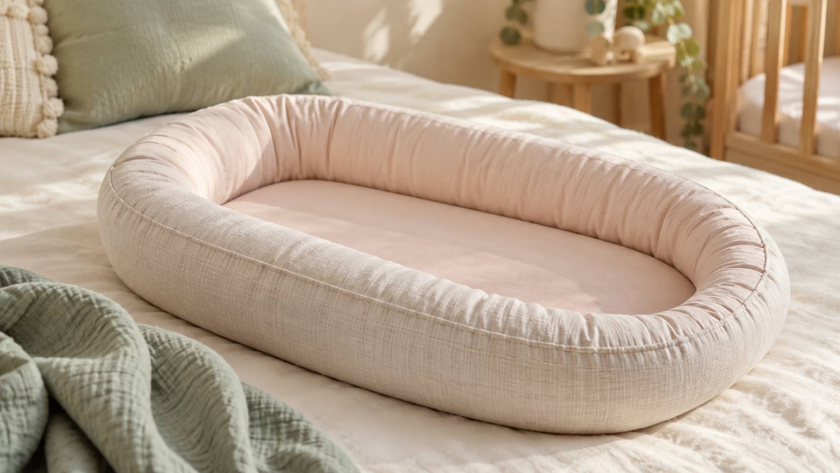 Reducteur de lit rembourre pose a plat sur un drap clair