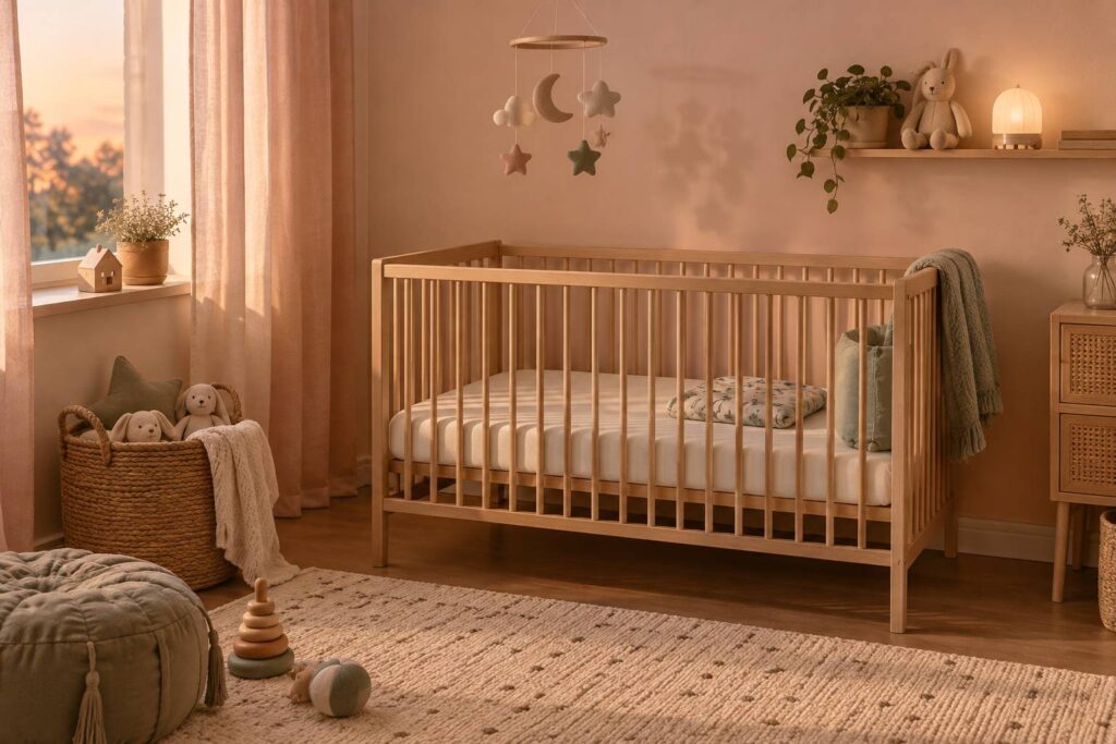 Chambre de bebe sobre avec lit ferme et reducteur range sur le cote