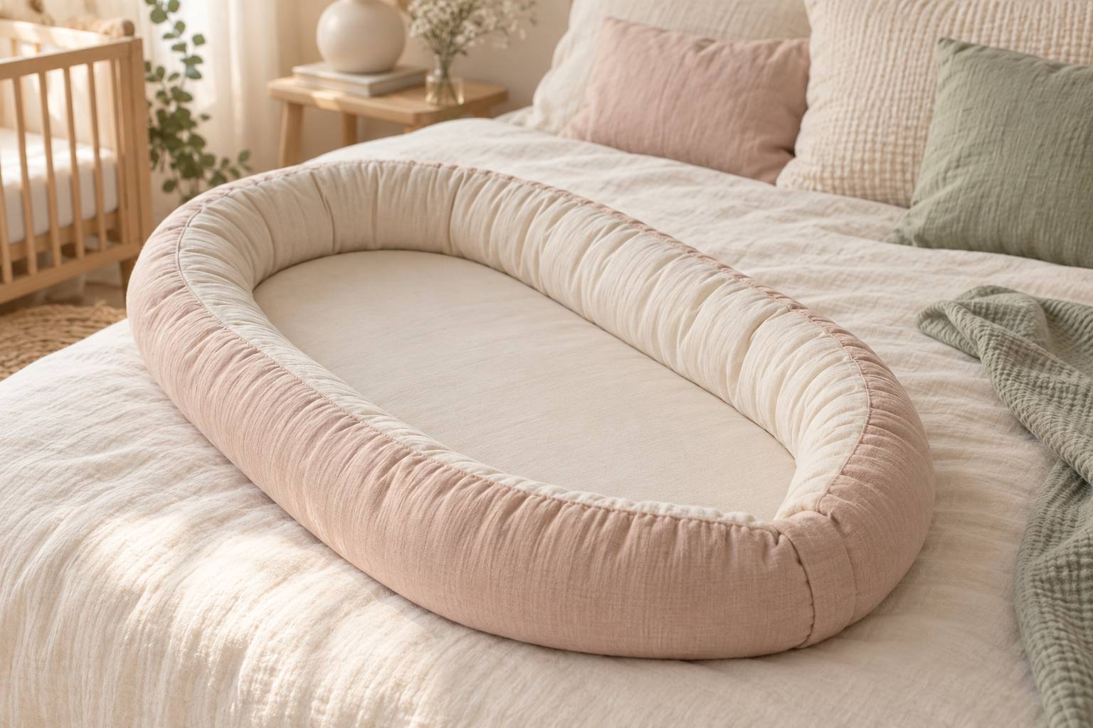 Reducteur de lit rembourre pose a plat sur un drap clair