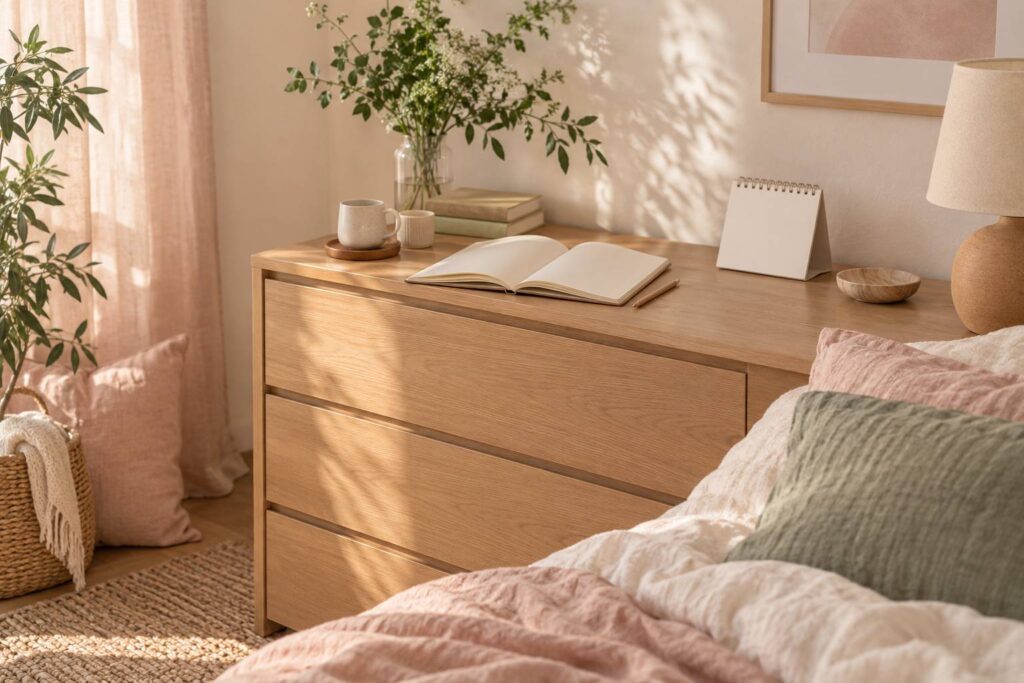 Carnet vierge et petit calendrier sur une commode claire dans une chambre apaisee