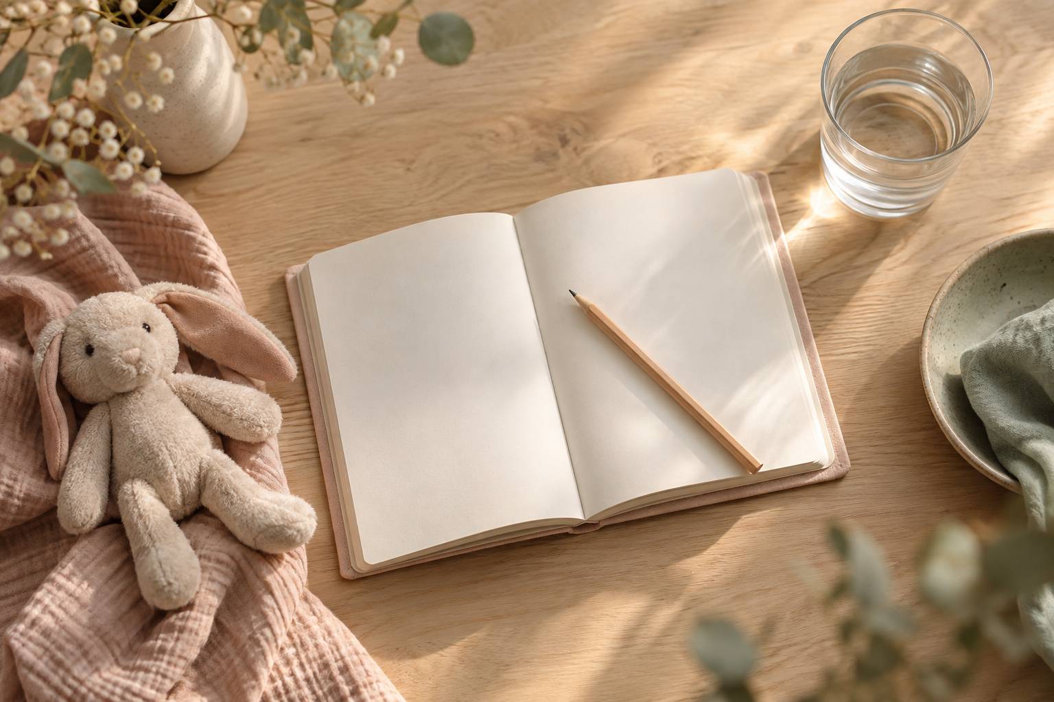 Carnet vierge et crayon sur une table claire avec un verre d'eau et un doudou