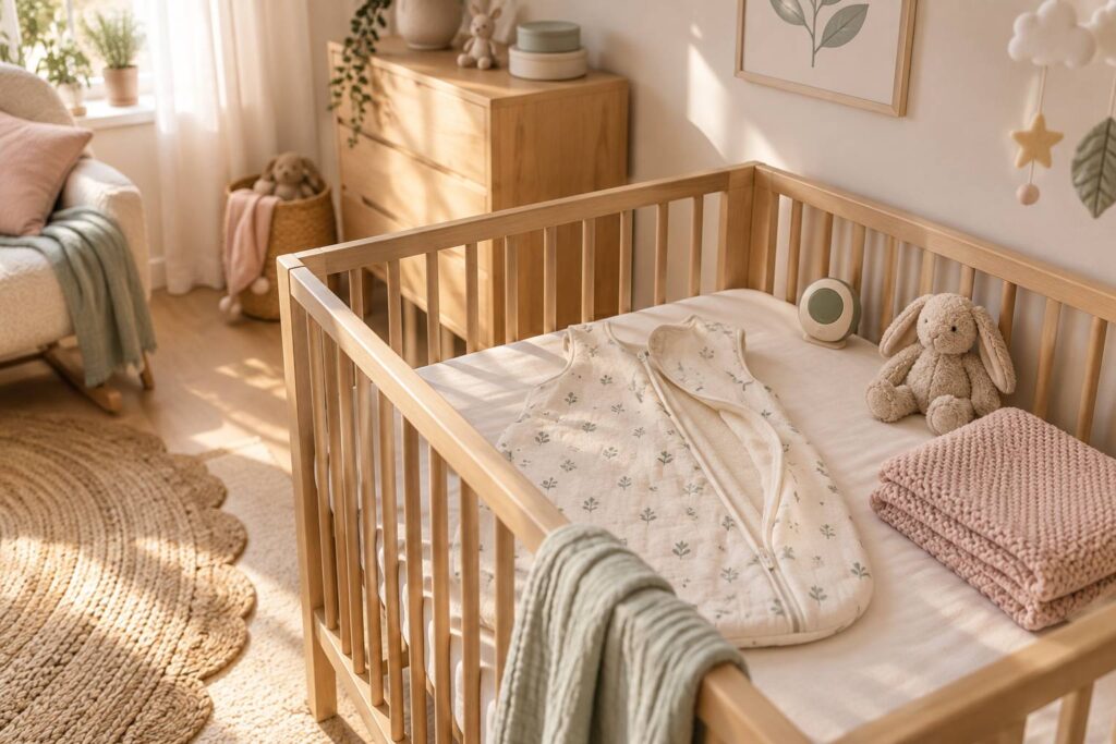 Chambre de bebe lumineuse avec une gigoteuse en coton posee sur un lit a barreaux
