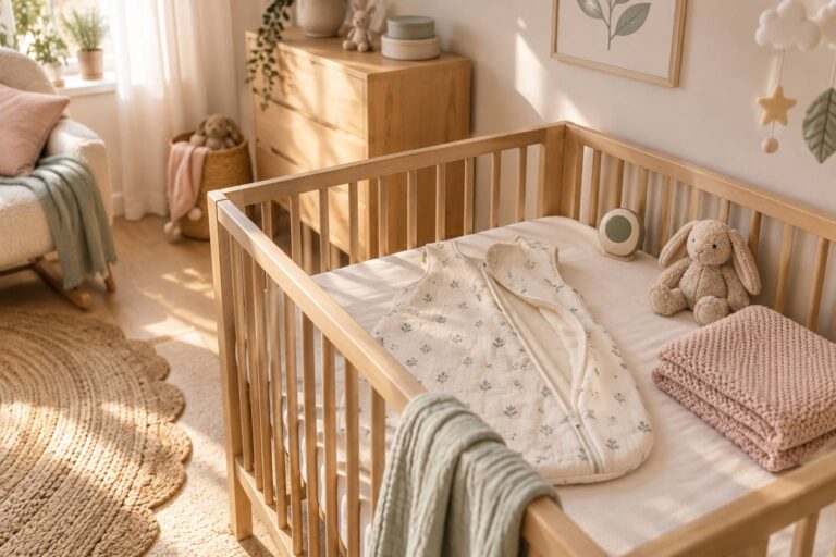 Chambre de bebe lumineuse avec une gigoteuse en coton posee sur un lit a barreaux