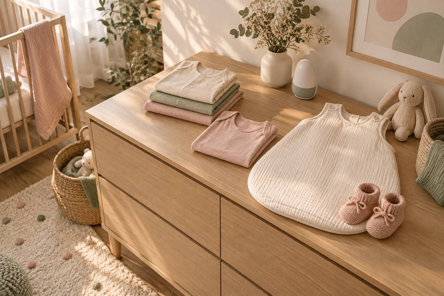 Vue en plongee de tenues de nuit de bebe pliees et d'une gigoteuse sur une commode en bois
