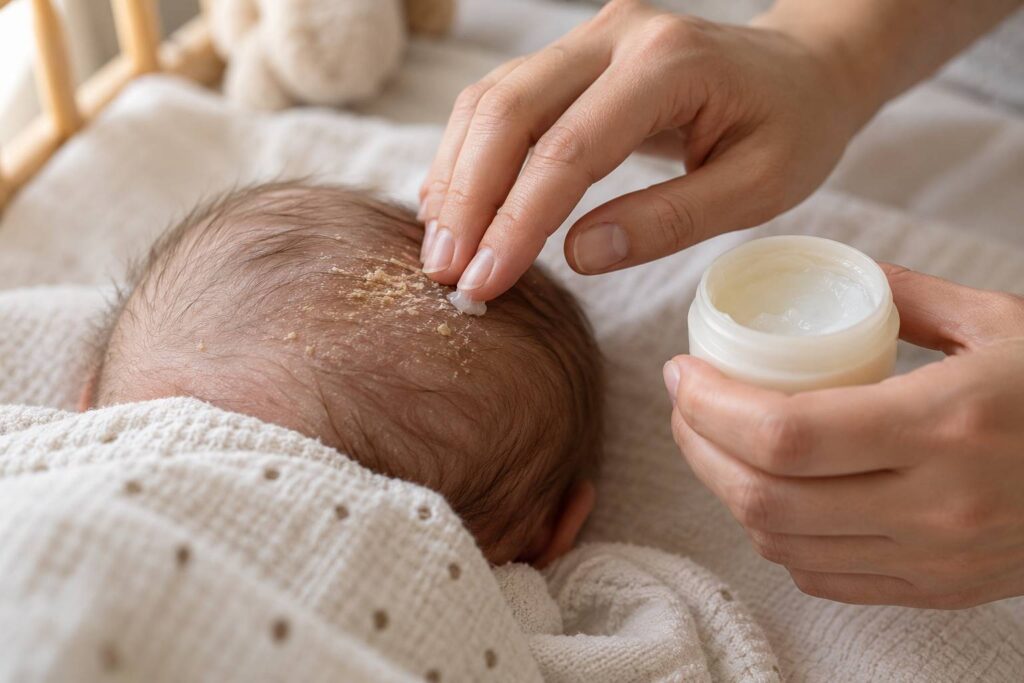 Illustration de détail sur le sujet : Understanding and Treating Cradle Cap in Babies: Tips and Advice
